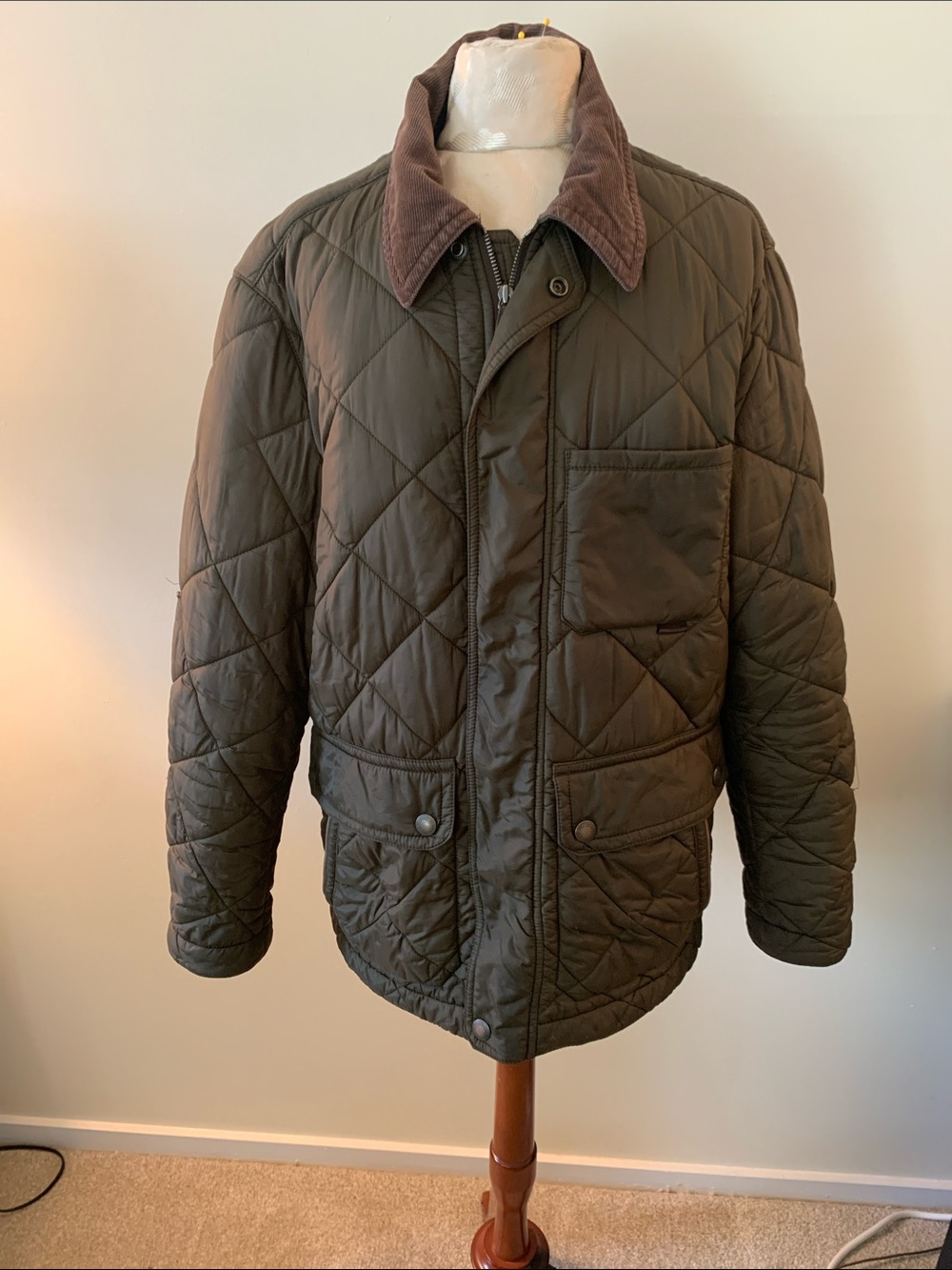 Coach Olive Green Quilted Puffer Jacket with Brown Corduroy Collar
